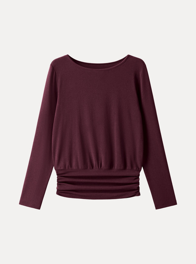 Boatneck Long Sleeve Ruched Banded Hem Top