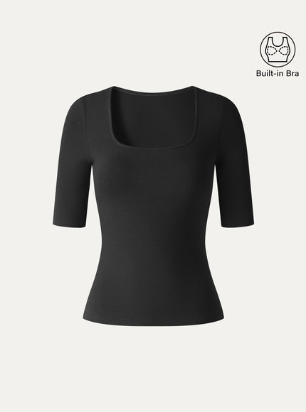 Square Neck Elbow Sleeve Built-In Bra Top