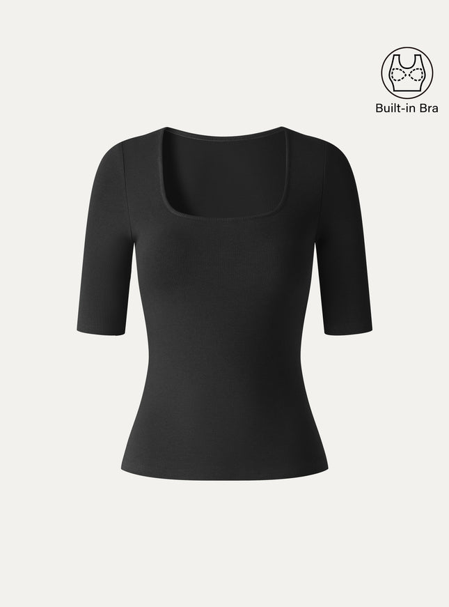 Square Neck Elbow Sleeve Built-In Bra Top
