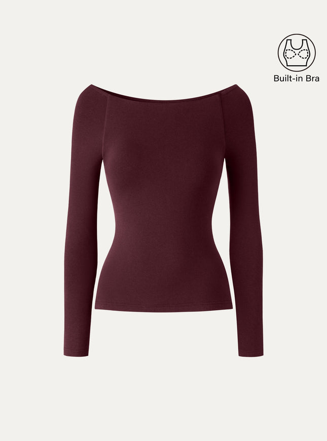 Slash Neck Raglan Sleeve Built-In Bra Top