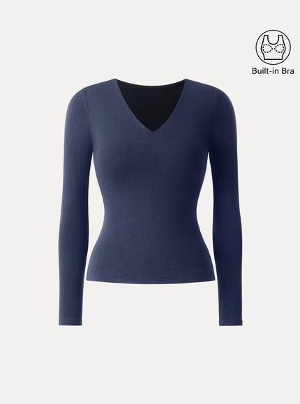 V-Neck Long Sleeve Built-In Bra Top