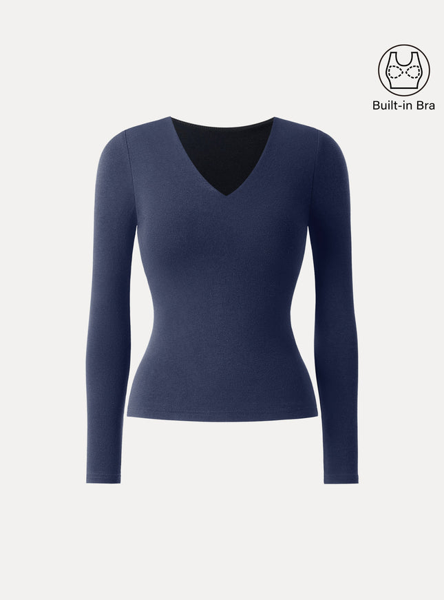 V-Neck Long Sleeve Built-In Bra Top