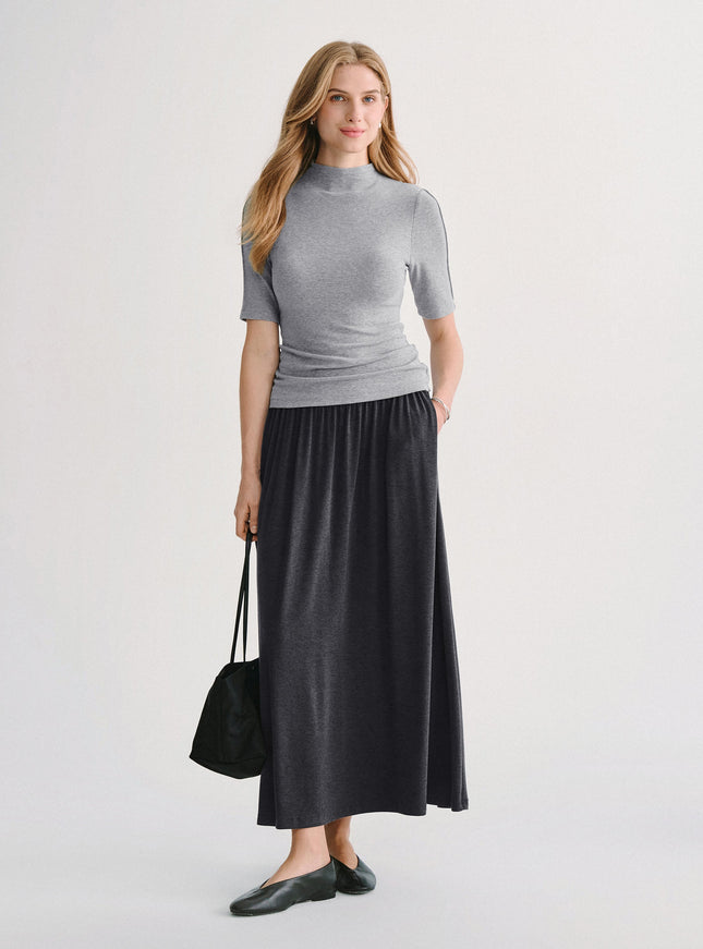 Mid-Rise Ruched A-Line Midi Skirt with Pockets