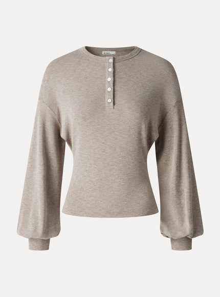 Slub Ribbed Henley Neck Batwing Sleeve Close-Fit Hem Top
