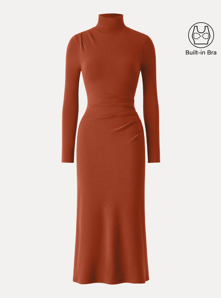 Turtleneck Tucked Midi Built-In Bra Dress