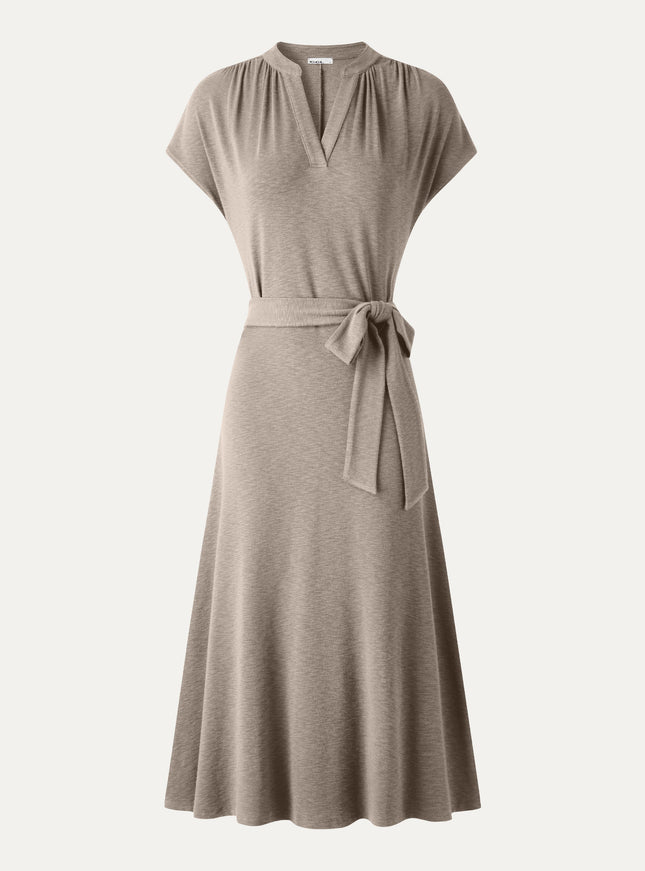 Neck Short Sleeve Belted Midi Dress