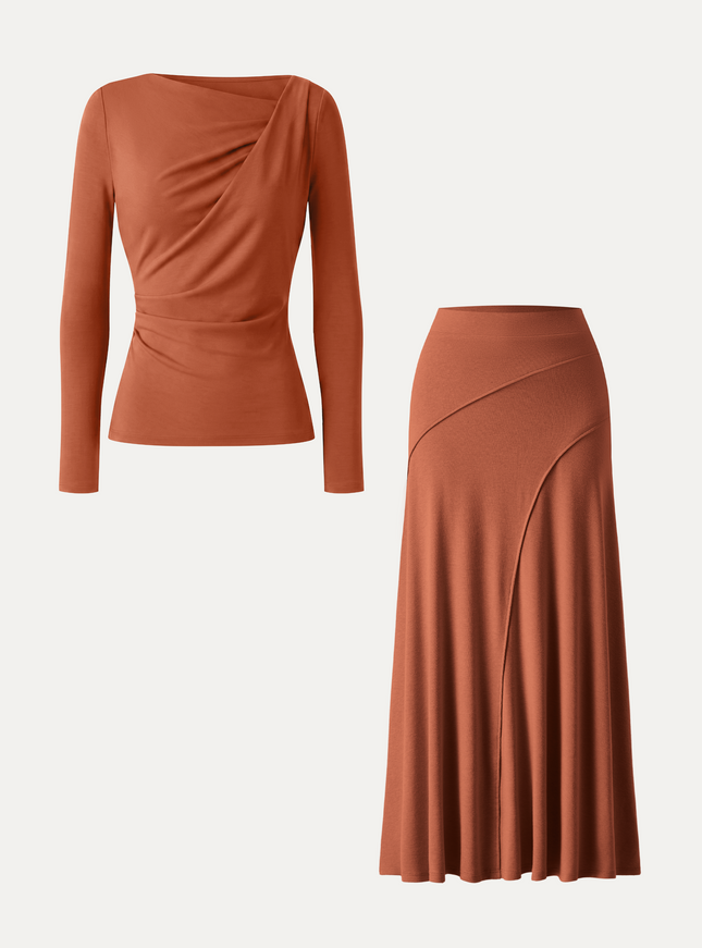 2Pcs Set Asymmetrical Neck Top & Drapey A-Line Midi Skirt