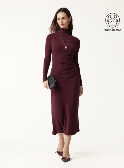 Turtleneck Tucked Midi Built-In Bra Dress