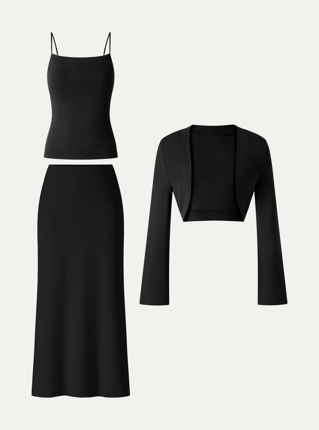 3Pcs Set Cardigan & Built-In Bra Cami & Side-Slit Column Midi Skirt