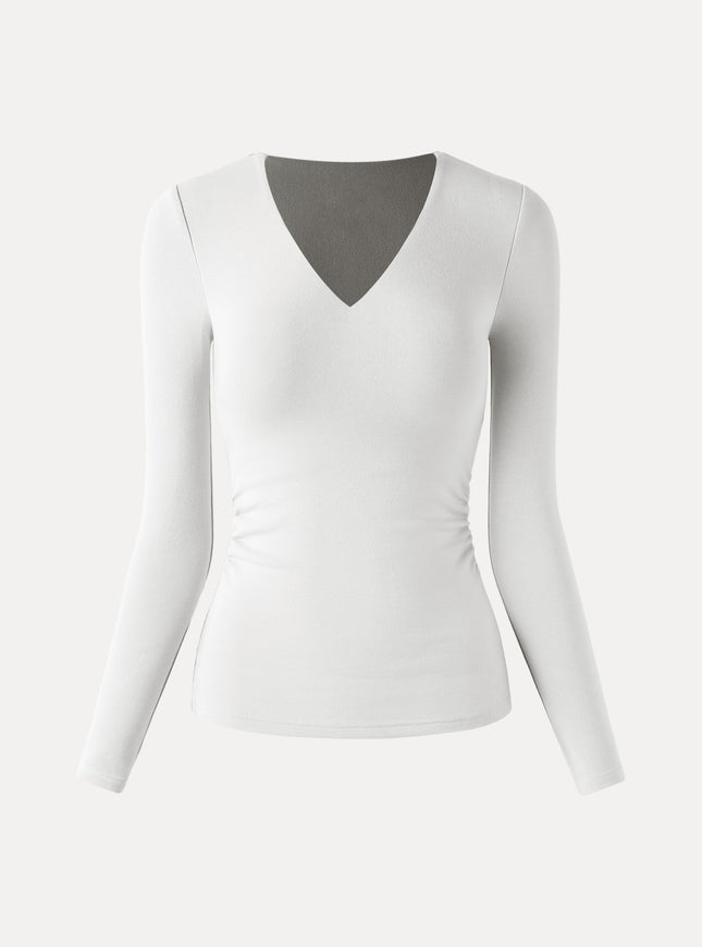 V-Neck Long Sleeve Side-Tuck Built-In Bra Top