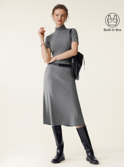 2Pcs Set Mockneck Built-In Bra Top & Pull-On Midi Skirt