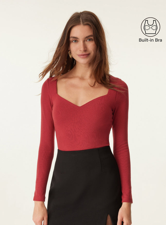 Diamond Neck Long Sleeve Built-In Bra Top