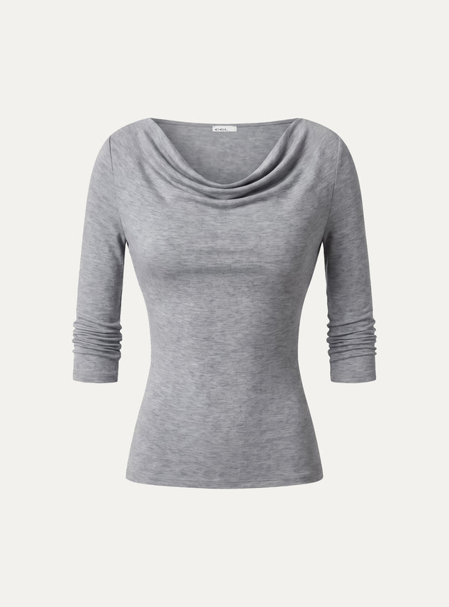 Lyocell-Wool Cowl Neck 3/4 Sleeve Ruched Cuff Top
