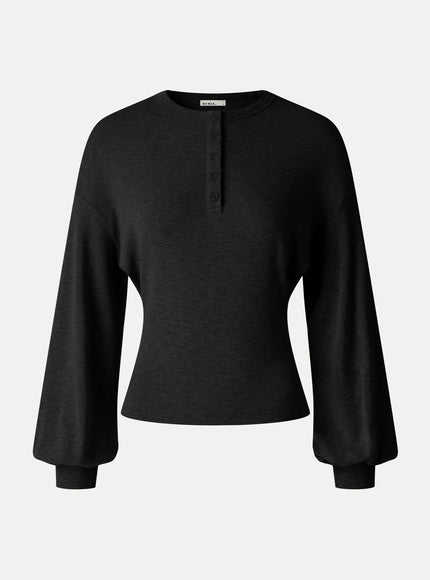Slub Ribbed Henley Neck Batwing Sleeve Close-Fit Hem Top