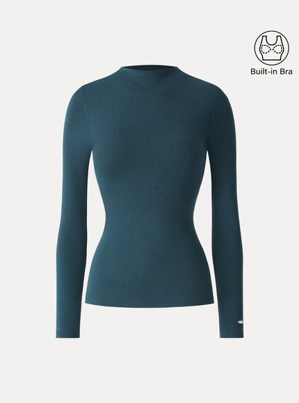 Mockneck Long Sleeve Built-In Bra Top - Forest Night
