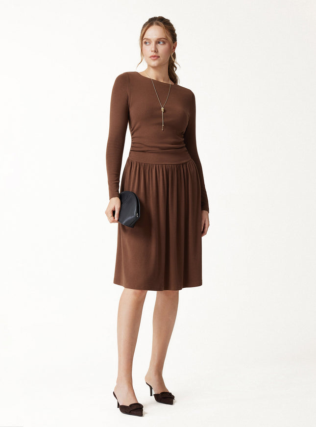 Boatneck Ruched Mini Built-In Bra Dress with Pockets