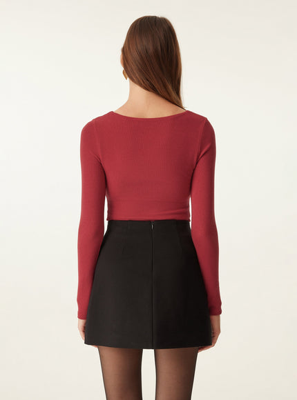 Diamond Neck Long Sleeve Built-In Bra Top