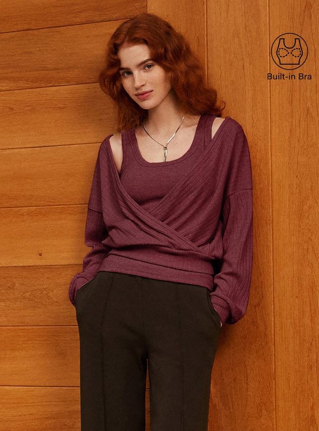MaxWarm Wide Ribbed Crossover Long Sleeve Banded Hem Top