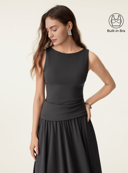 Stretch Cotton Boatneck Built-In Bra Tank
