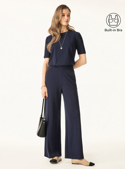 2Pcs Set Petite Wide Leg Pant with Pockets & Crewneck Built-In Bra Top