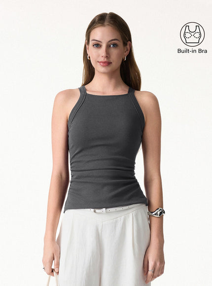 Chic Square Neck Ruched Rib Built-In Bra Tank