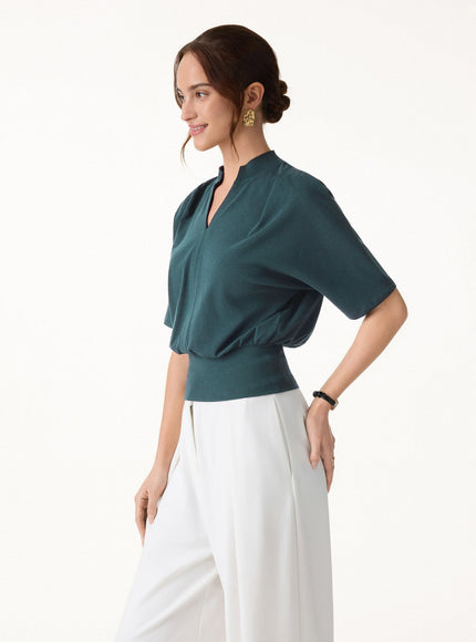 Stand Collar V-Neck Short Sleeve Top