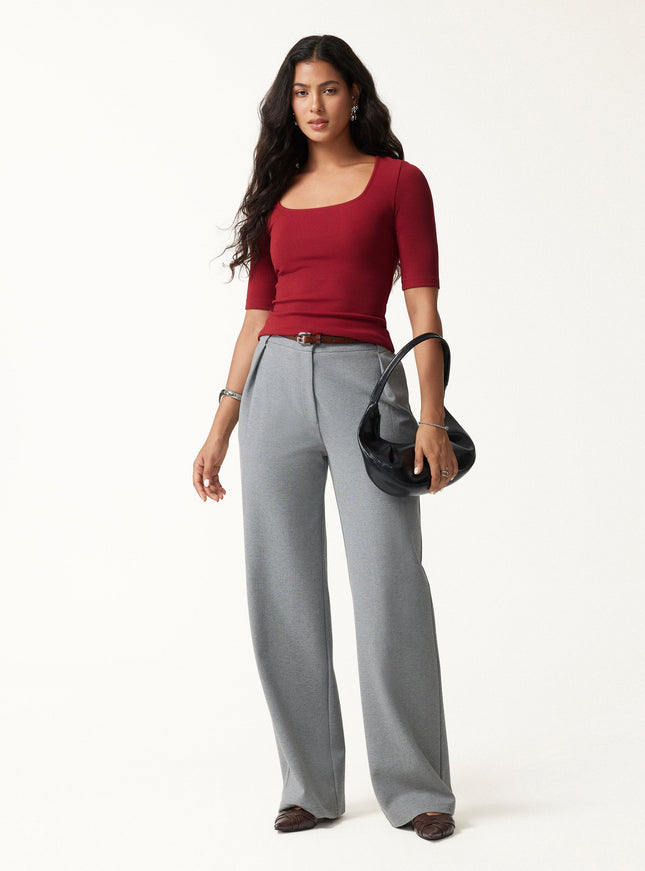Square Neck Elbow Sleeve Built-In Bra Top
