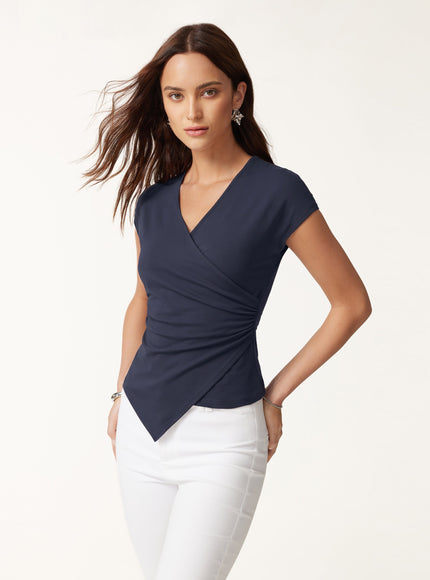 Lyocell Wool Surplice Cap Sleeve Asymmetrical Top