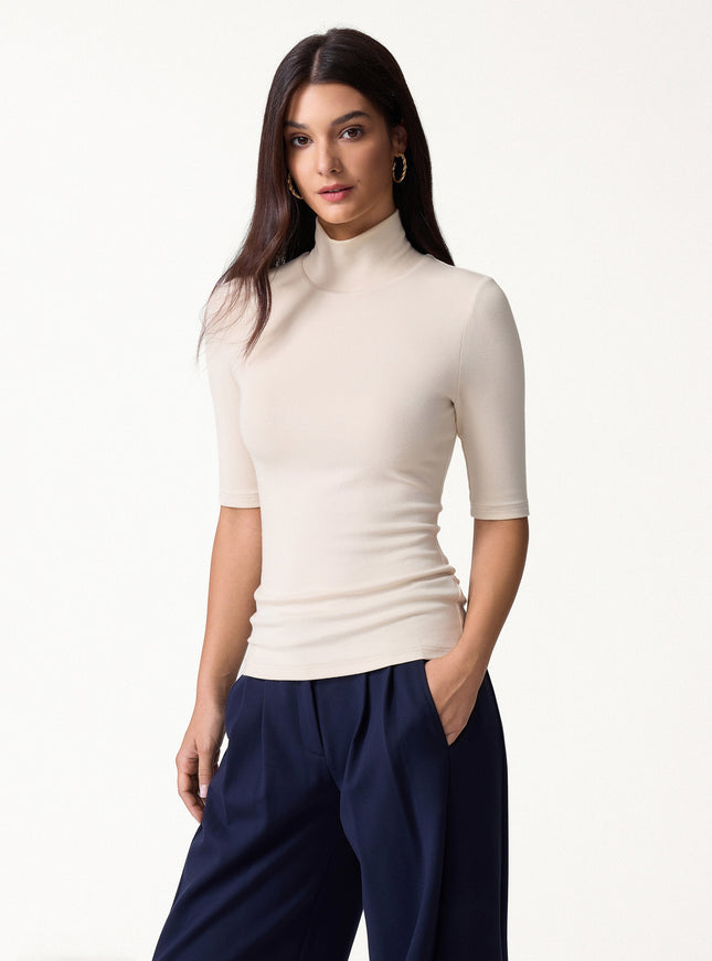 Essential Turtleneck Elbow Length Sleeve Built-In Bra Top - Midnight Navy