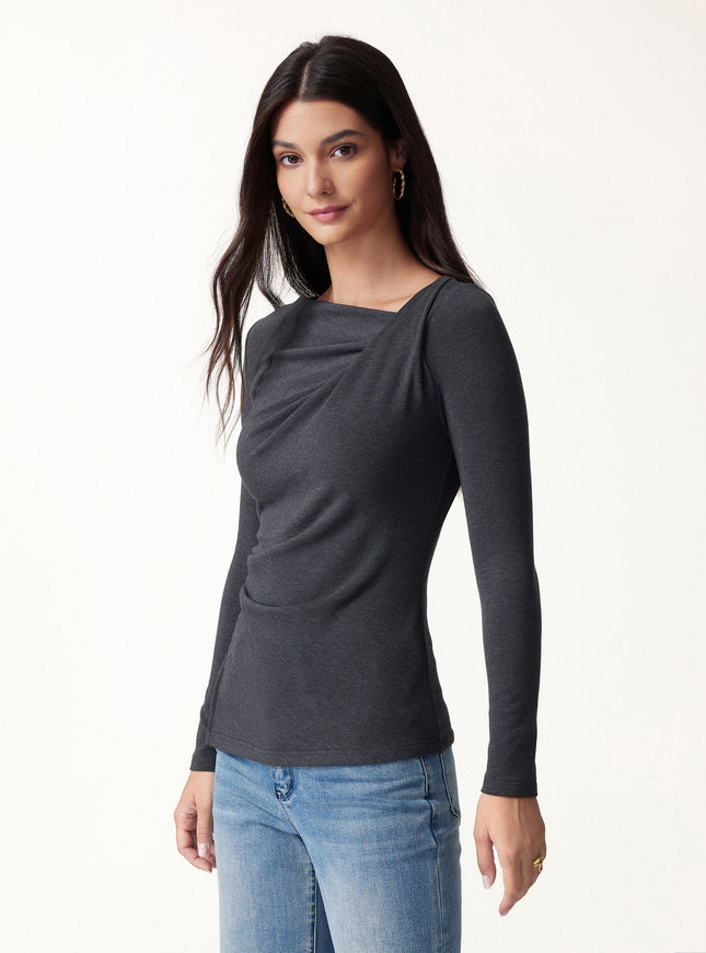 2Pcs Set Asymmetrical Neck Long Sleeve Top & Mid Rise Wide Leg Trouser