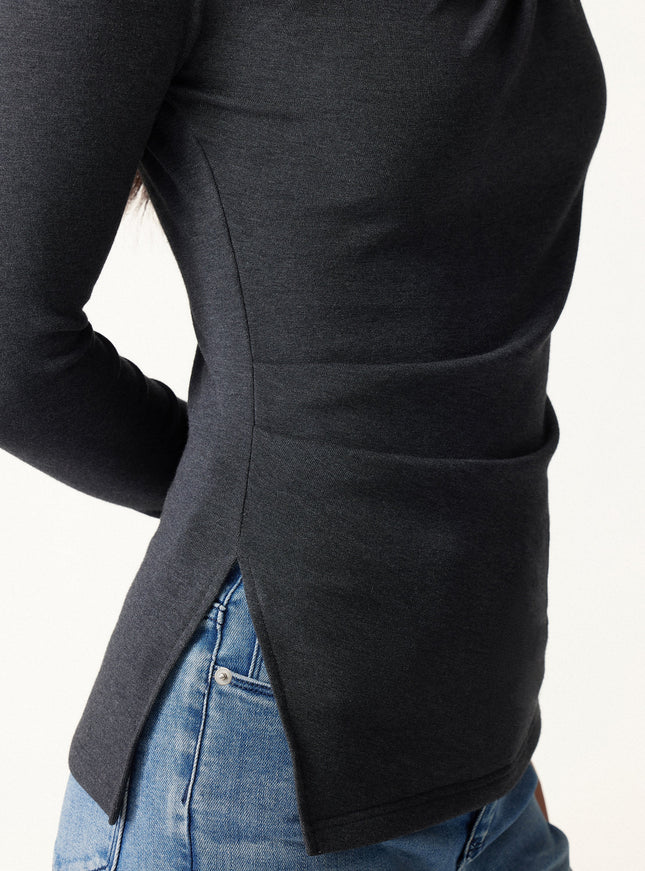 2Pcs Set Asymmetrical Neck Long Sleeve Top & Mid Rise Wide Leg Trouser