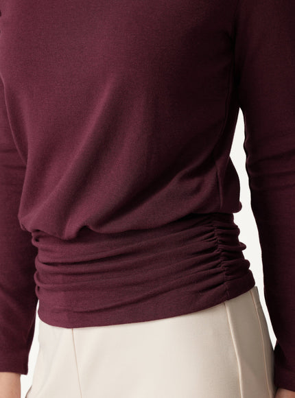 Boatneck Long Sleeve Ruched Banded Hem Top