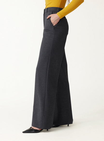 Ponte Mid-Rise Wide-Leg Pants with Pockets - Heather Black Grey