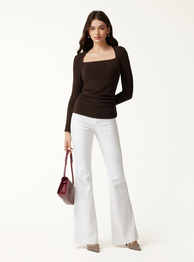 Trapeze Neck Long Sleeve Ruched Built-In Bra Top - Espresso Shut