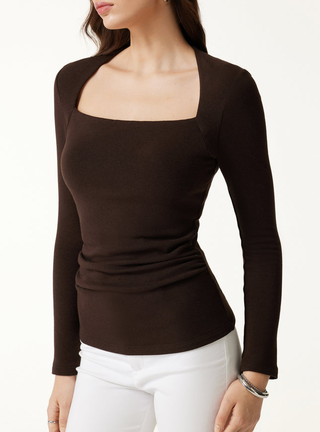 Trapeze Neck Long Sleeve Ruched Built-In Bra Top - Espresso Shut