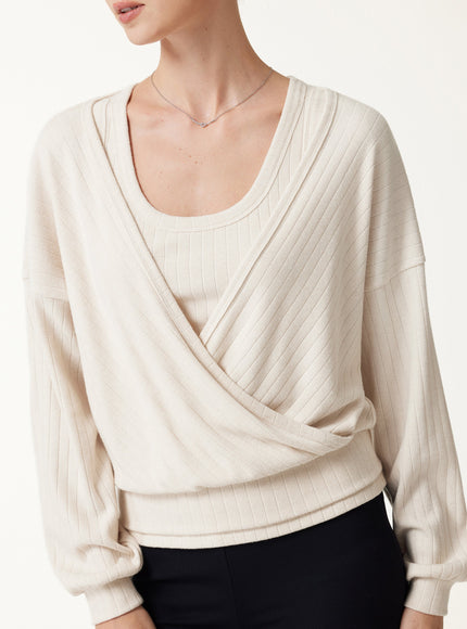 MaxWarm Wide Ribbed Crossover Long Sleeve Banded Hem Top