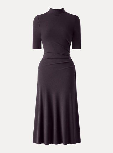 Cotton Blend Mock Neck Elbow Sleeve Tucked A-Line Midi Dress