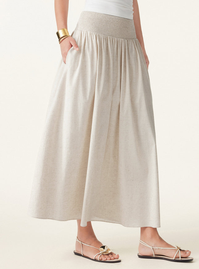 European Linen Smocked Waist Skirt with Pockets