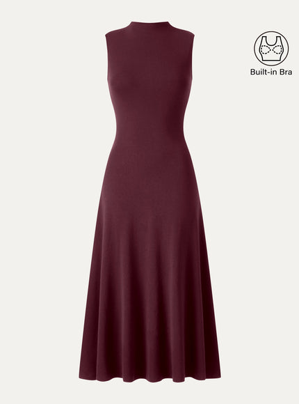 Mock Neck Sleeveless A-Line Midi Built-In Bra Dress