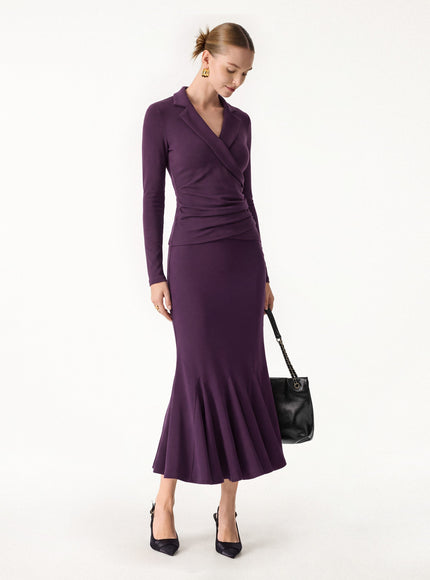 2Pcs Set Collared Surplice Top & High-Rise Mermaid Midi Skirt