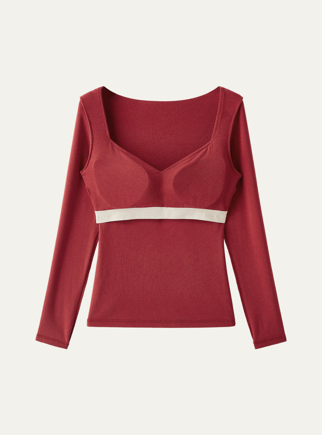 Diamond Neck Long Sleeve Built-In Bra Top