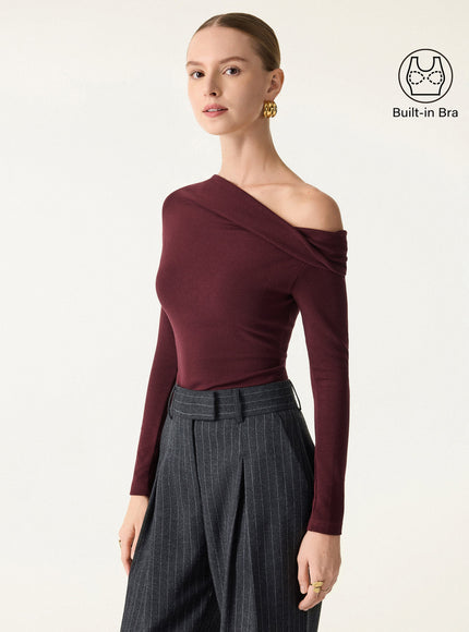 Convertible Neck Long Sleeve Built-In Bra Top