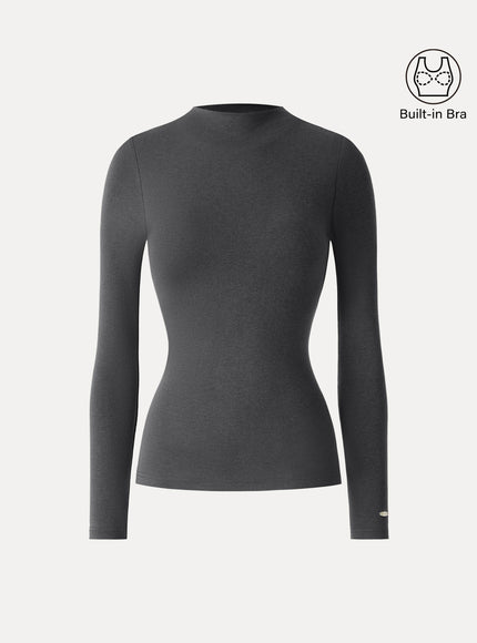 Mockneck Long Sleeve Built-In Bra Top - Forest Night