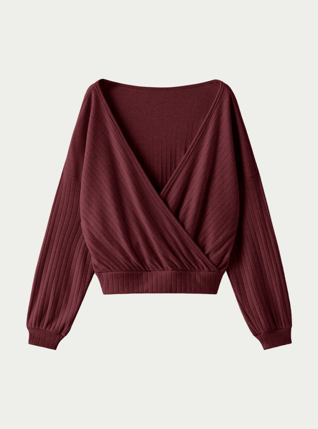 MaxWarm Wide Ribbed Crossover Long Sleeve Banded Hem Top