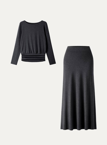 2Pcs Set Boatneck Top & High-Rise A-Line Maxi Skirt