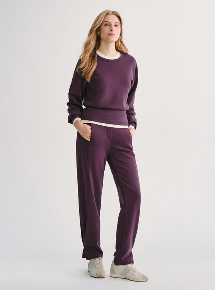 2Pcs Set MaxWarm Fleece Round Neck Long Sleeve Top & High-Rise Belted Wide-Leg Pants with Pockets