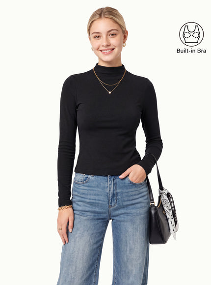Mock Neck Long Sleeve Built-In Bra Top