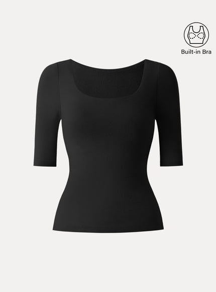Essential Elbow Length Sleeve Square Neck Built-In Bra Tops