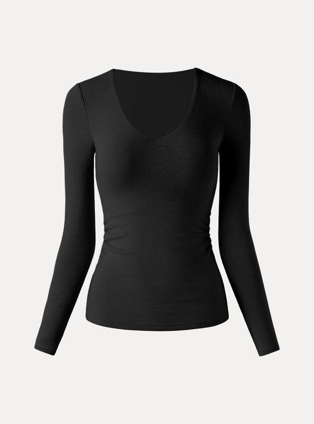 V-Neck Long Sleeve Side-Tuck Built-In Bra Top
