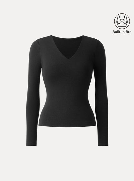V-Neck Long Sleeve Built-In Bra Top
